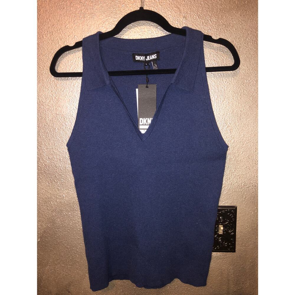 DKNY Jeans Polo Preppy Academia Collar Ink Heather Ribbed Sleeveless Sweater